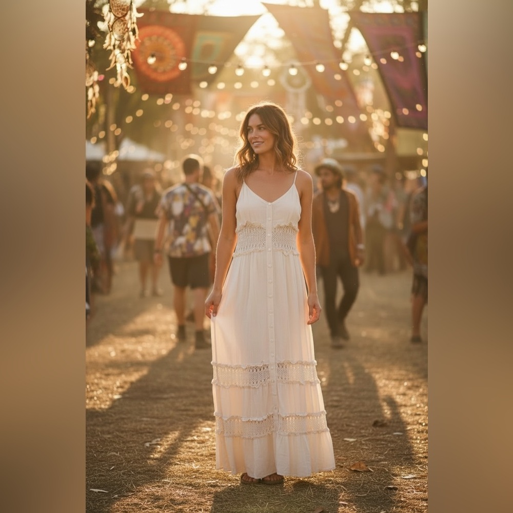 New Know One Cares Cream Boho Maxi Dress Crochet Lace Prairie Cottagecore Large